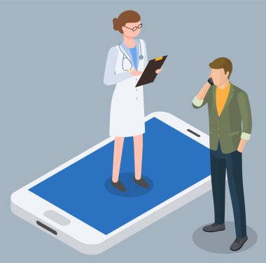 Kadın akıllı telefonda duruyor, doktor hastayı muayene ediyor. İnternet aracılığıyla insanlara hastalıklar hakkında danışmanlık yapan bir kadın. Adam reçetesi için alet kullanıyor. Çevrimiçi tıbbın düz biçimdeki vektör illüstrasyonu