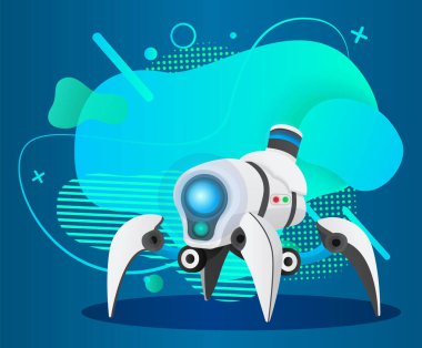 Vücut yapısı köpek gibi olan sayborglar ve yüzleri ışık ve sensörlerle donatılmış. Robot yaratığın yapay zekası, yeni makine modelinin sunumu. Yenilikçi oyuncak veya iş gücü vektörü