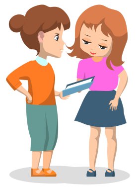 Sınıf arkadaşları kitap vektörü, izole edilmiş karakterler ders kitabı olan kız öğrenciler. Çocuğun çocuğa ödevlerinde yardım etmesi, kitap arkadaşlığında malzeme, okul konseptine dönmesi. Düz çizgi film