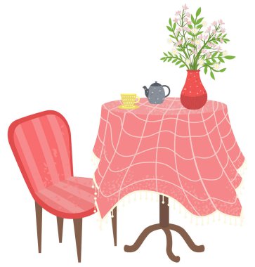 Çaydanlık, fincan ve tabak, ev bitkisi, masa, kırmızı sandalye. Masada masa örtüsü, boş yer, ev elemanı, masa takımı ve ahşap mobilya vektörü olan çaydanlık var.