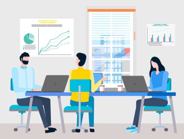 Şirket vektörü, masaları, mobilyaları ve çizelgeleri olan ofis çalışanları. Kadın ve harita işi tamamlama ve istatistik analizi