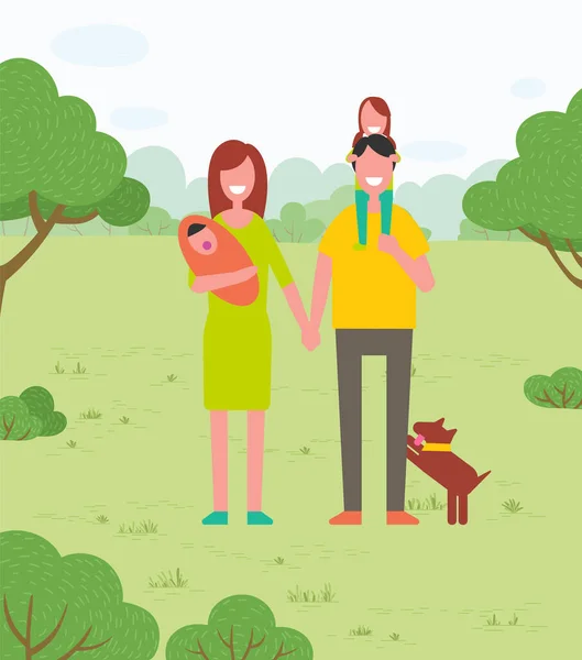夏季公园 户外活动 家庭步行在自然载体上 宠物狗和抱着女孩的爸爸 — 图库矢量图片