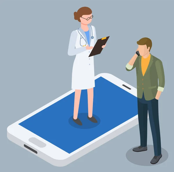 Mulher Smartphone Médico Examinando Paciente Senhora Consultando Pessoas Sobre Doenças — Vetor de Stock