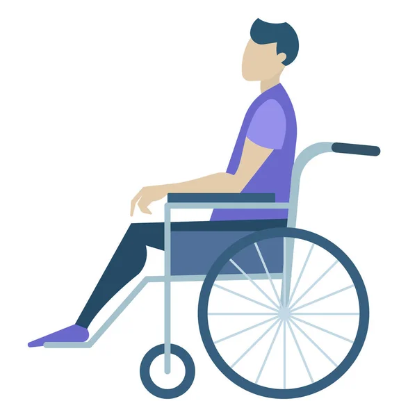 坐在轮椅上的残疾人角色 轮椅上有轮子的人瘫痪了从侧面看白色隔离的交通物体上的男性特征 医疗方案和支助病媒 — 图库矢量图片