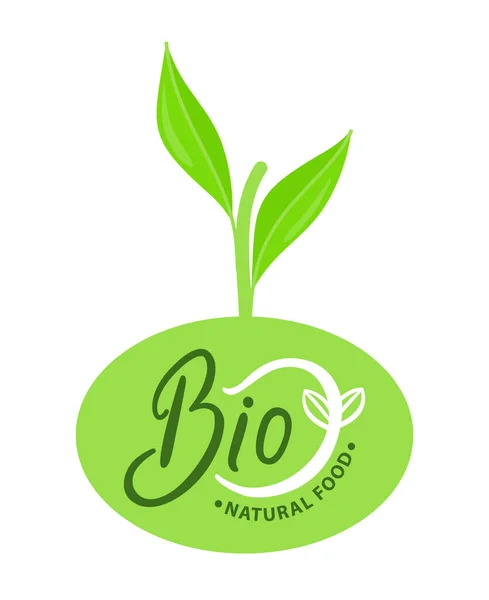 生物天然食品有机标志与绿色芽生长在绿圈隔离 天然产品 简单徽章 生态鲜活食品标识 — 图库矢量图片