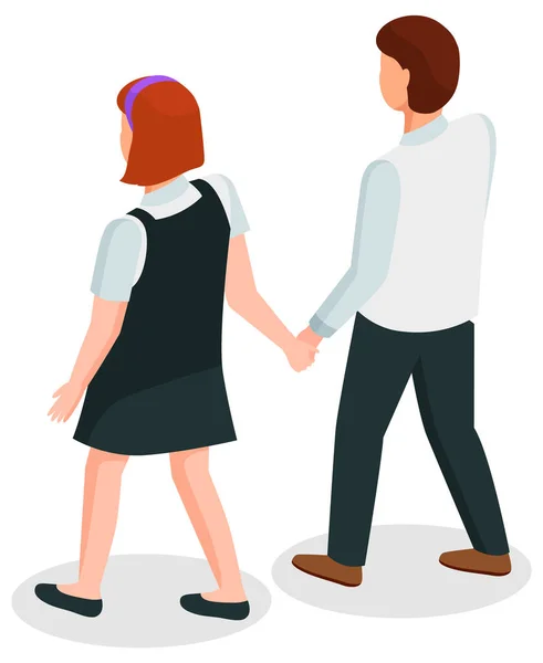 学生一緒にベクトル 孤立した男の子と女の子の制服フラットスタイルの文字を着て歩く 女子高生と女子高生が手を取り合って — ストックベクタ