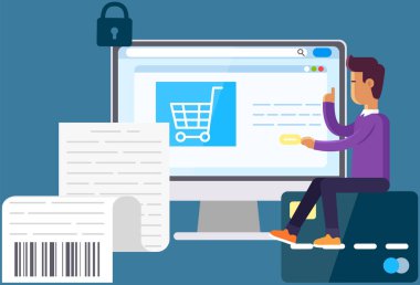 Çevrimiçi alışveriş teknolojisi akıllı telefon ve dizüstü bilgisayar vektör çizimi tasarımı, e-ticaret konsepti. Erkek alıcı siparişlerini siteden alıyor, cep telefonu uygulaması ile temassız ödeme yaparak mal satın alıyor.