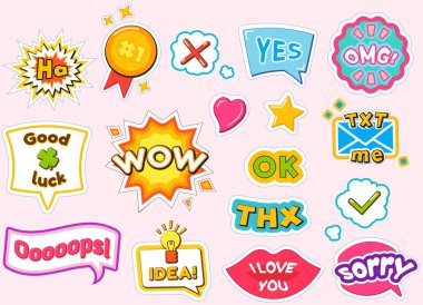 Diyalog yazıtları, vektör renkli çizgi roman simgeleriyle moda yamaları. Konuşma ifadeleri modern çıkartmalar gibi. Metinli çizgi film stili yama rozetleri, renkli etiket paketi arkaplan deseni