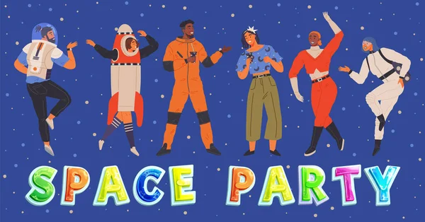 Animators Birthday Party Cosmic Style Theme Party Costumes Dancing People — Vetor de Stock
