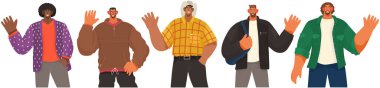 Düz vektör erkek karakterleri dostça selamlayan insanlar bir arada duruyorlar. Farklı milletler temsilcileri el sallıyor. Sıradan giysili adamlar merhaba der. Adam selam veriyor ve dostça el kol hareketi yapıyor.