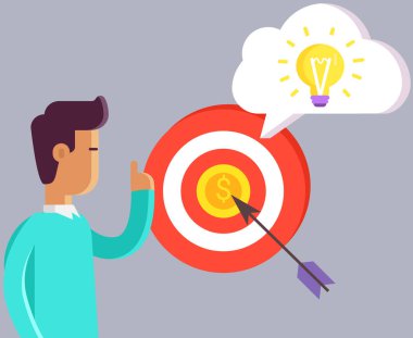 İnsanoğlu yeni proje fikri yaratır, girişimi planlar ve hedefe ulaşır. Hedefi ve ampulü olan başarılı bir insan yaratıcı fikrin sembolü olarak izole edilmiş, yeni bir çözüm. İş teknolojisi tasarımı