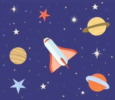 Rocket and planets on blue background. Spaceship flying among celestial objects and stars. Cute astronomical shapes, cosmic design elements. Sky landscape with flying rocket and heavenly bodies