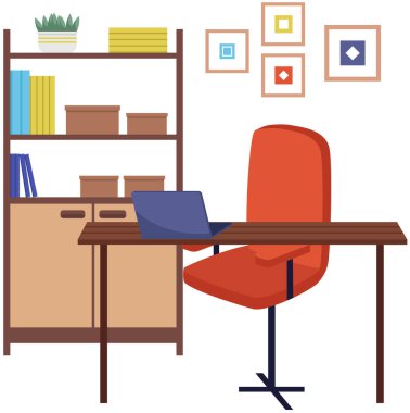 Çalışanların örgütlenme yeri. Worspace oda tasarımı, ofiste çalışmak için yer. İçi bilgisayar ve sandalyeli mobilya masası düzenlemesi. Evde teknolojiyle çalışmak için uygun bir yer