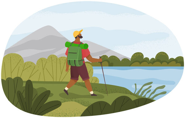 Tourist with backpack and hiking stick walks near mountain river summer weekend. Adventure and journey. Active lifestyle male character backpacker in vacation walking in nature, happy leisure time