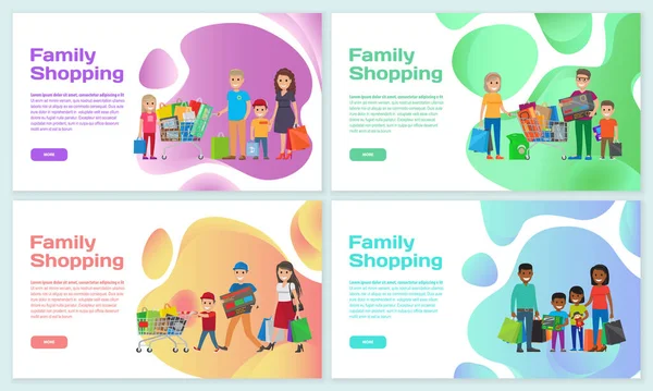Family people go with bags, supermarket trolley for shopping landing page template. Cartoon smiling funny father mother son child characters hurry to buy, spend time doing household chores together