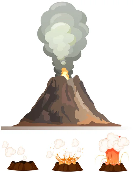 火山喷发阶段开始 蒸腾的火山 炽热的炽热的岩浆接近 熔岩的飞溅和扩散 火山学 地质学 地震活动概念的研究 崩塌的岩石峰顶火山 — 图库矢量图片