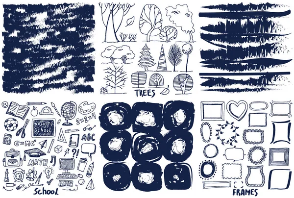 El çizimi soyut desen koyu ve beyaz tarzda, doku arka planında. Çeşitli şekillerde figürler, konu vuruşları, ağaçlar, çerçeveler, okula dönüş, dekorasyon unsurları, simgeler