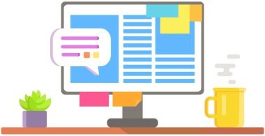 Empty workplace with desk and computer desktop interface isolated on white. Home office with monitor on table, coffee cup and homeplant. Cosy workspace interior. Work from home, freelance or studying