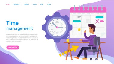 Time management landing page, planning, working time organization efficiency. Schedule job project team. Good business process, man sitting at workplace with timetable. Time control plan technology