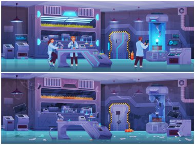 Scientist in lab conducts experiment. Study of technology with equipment before and after failed test, make research on professional apparatus. Modern laboratory physical tests with electricity
