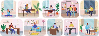 Telefon tripoda. İnsanlar akıllı telefondan yayın yapıyor. Canlı yayın. Video blogu kaydı, kadın blogcu cep telefonu ve tripod standı kullanıyor. Sosyal medya yayıncılığı için video hazırlama illüstrasyonu