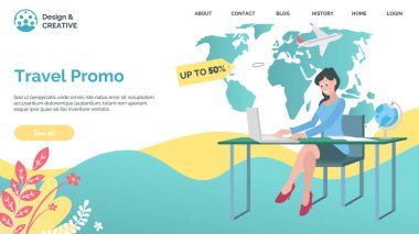 Travel promo banner vector illustration. Template with profitable proposition of discount up to 50 percent with limited time offer in flat style design. Tourism concept. Sales season in travel agency