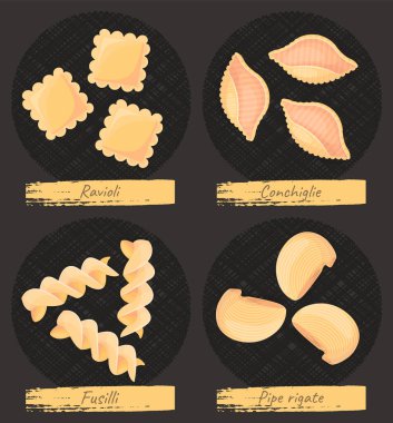 İtalyan ulusal mutfak makarna kafesi afişi. Mağaza reklamı, restoran menüsü, yemek logosu için. İtalyan makarna yazıtları ve makarna eski moda arka planda erişte. Makarna, geleneksel yemek.