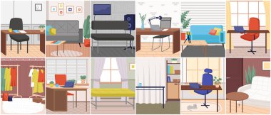 Çalışanların örgütlenme yeri. Worspace oda tasarımı, ofiste çalışmak için yer. İçi bilgisayar ve sandalyeli mobilya masası düzenlemesi. Evde teknolojiyle çalışmak için uygun bir yer