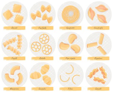 İtalyan ulusal mutfak makarna kafesi afişi. Mağaza reklamı, restoran menüsü, yemek logosu için. İtalyan makarna yazıtları ve makarna eski moda arka planda erişte. Makarna, geleneksel yemek.