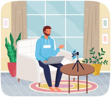 Telefon tripoda. İnsanlar akıllı telefondan yayın yapıyor. Canlı yayın. Video blogu kaydı, erkek blogcu cep telefonu ve tripod standı kullanıyor. Sosyal medya yayıncılığı için video hazırlama illüstrasyonu