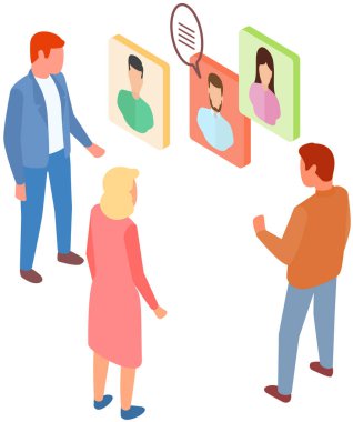 People discussing app for chatting and mailing. Program, social network for online communication via Internet. Teamwork with digital technology, mobile application. Colleagues talk at work meeting