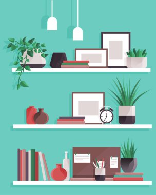 Book shelves with colorful objects. Cartoon design style bookshelves with different potted plants boxes and books. Home library on wall. Hanging shelf with decorations. Office or home furniture