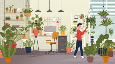 Work at home concept design. Freelancer man working on laptop at his house and caring for indoor plants. Online study, education. Person in office or living room interior with many potted plants