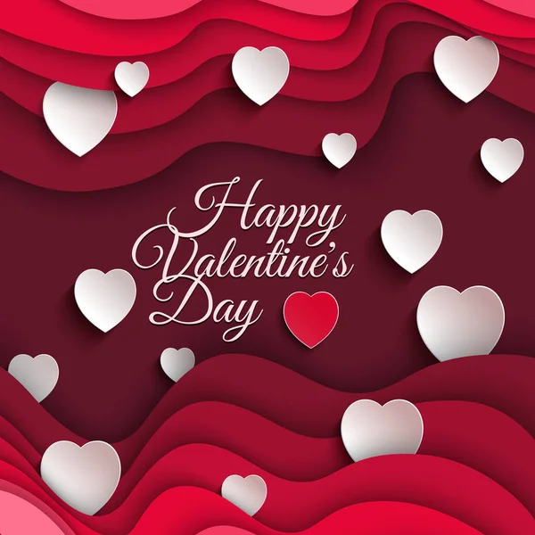 Happy Valentines Day Poster Voucher Beautiful Paper Cut White Clouds — 图库矢量图片
