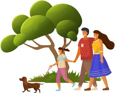 Happy family mom, dad and daughter spend time together walking with dog in city park. Active weekend, healthy lifestyle, father, mother and child outdoors. Good relationship, spring or summer