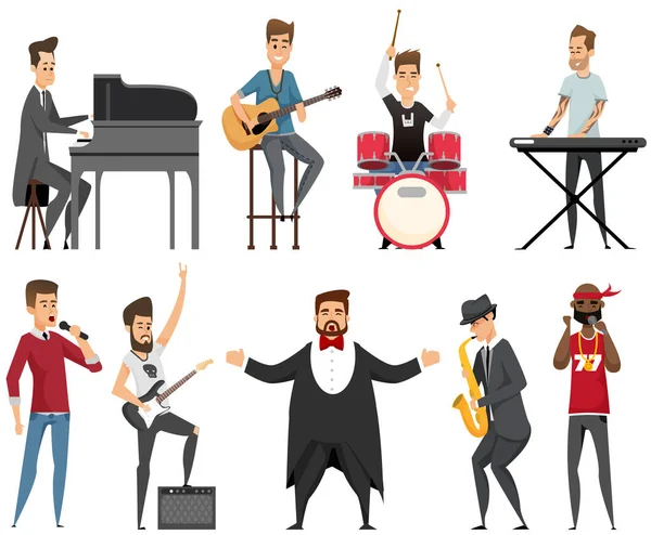 Artists Playing Music Instruments Singing Stage Concert Series Musicians Cartoon — Vetor de Stock
