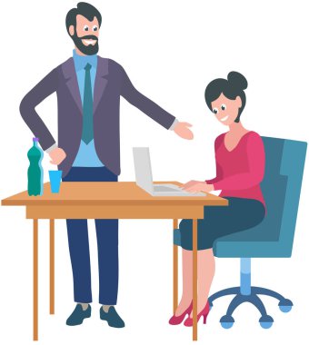 Colleagues have meeting in office. Discussion and brainstorming process, employee conversation. People discuss data at workplace with laptop. Plan development strategy. Boss talking to subordinate