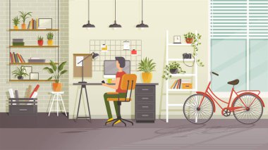 Work at home. Freelancer man working on laptop at his house, bicycle nearby. Online study, education. Concept of remote work, freelancing, teaching, e-learning, from home office