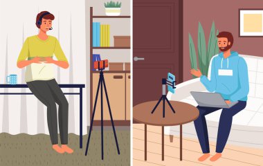 Müzakere oturumu, blog için blog kayıt videosu. Video çağrısı, podcast konsepti. Akıllı telefonu olan bir adam çevrimiçi toplantıda ekranda arkadaşıyla konuşuyor. Eğitim platformunda uzaklık öğrenimi