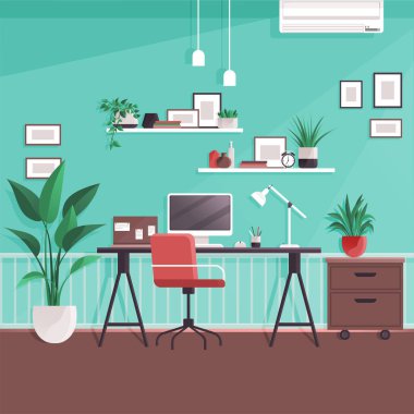 Modern home office interior. Remote workplace with desk, chair, computer and potted plants. Front view of empty working place with furniture. Interior for freelancer. Work table with wheelchair