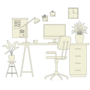 Modern home office interior line art. Remote workplace with desk, chair, computer and potted plants. Front view of empty working place with furniture. Workspace, freelance or studying concept
