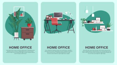 Home office concepts set with computer, armchair, homeplant, deor elements. Cosy workspace interior design. Work from home, freelance or studying. Coworking space interior. Workplace of employees