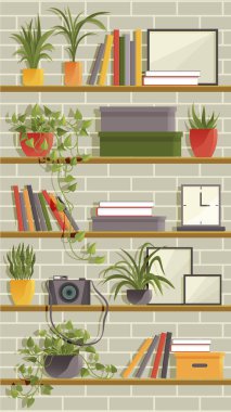 Rack with different items flat color vector object. Shelving unit. Furnishings, bookshelves with potted plants, boxes and books. Home library. Shelf with decorations. Office or home furniture