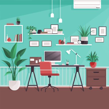 Modern home office interior. Remote workplace with desk, chair, computer and potted plants. Front view of empty working place with furniture. Interior for freelancer. Work table with wheelchair