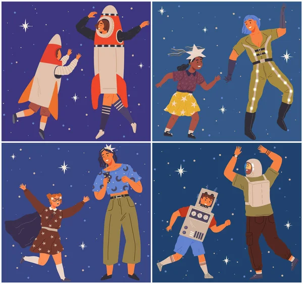 Animators Birthday Party Cosmic Style Theme Party Costumes Dancing People —  Vetores de Stock