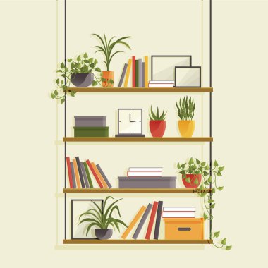 Book shelves with colorful objects. Cartoon design style bookshelves with different potted plants boxes and books. Home library on wall. Hanging shelf with decorations. Office or home furniture