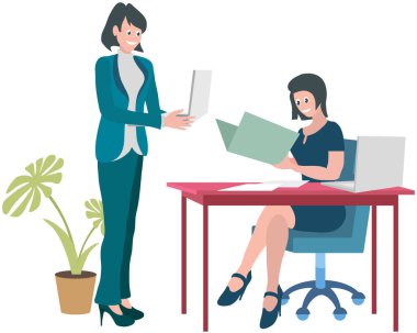 Women sit at table and communicate. Colleagues spend time together during work. Smiling employees discussing tasks at workplace. Working meeting, communication, dialogue, conversation concept