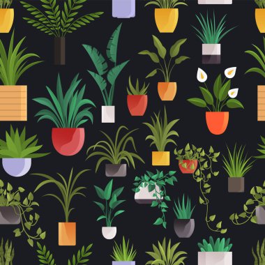 Plant in pot seamless pattern flowerpots set. Cartoon flat different indoor potted decorative houseplants for interior home or office decoration, green garden floral collection isolated on black