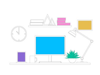 Home office concept with monitor on table, coffee cup and homeplant stack of books wall clock. Empty workplace with blue screen computer. Cosy workspace interior. Work from home, freelance or studying