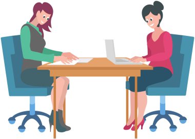 Women sit at table with laptop and communicate. Colleagues spend time together during work or rest. Characters discussing tasks at workplace. Working meeting, dialogue, conversation concept